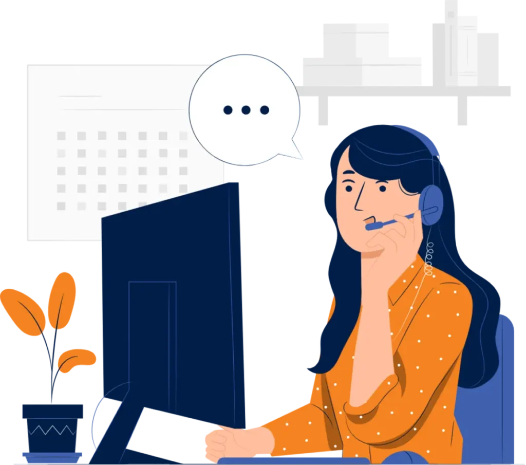 Illustration of woman with headset on speaking to a customer