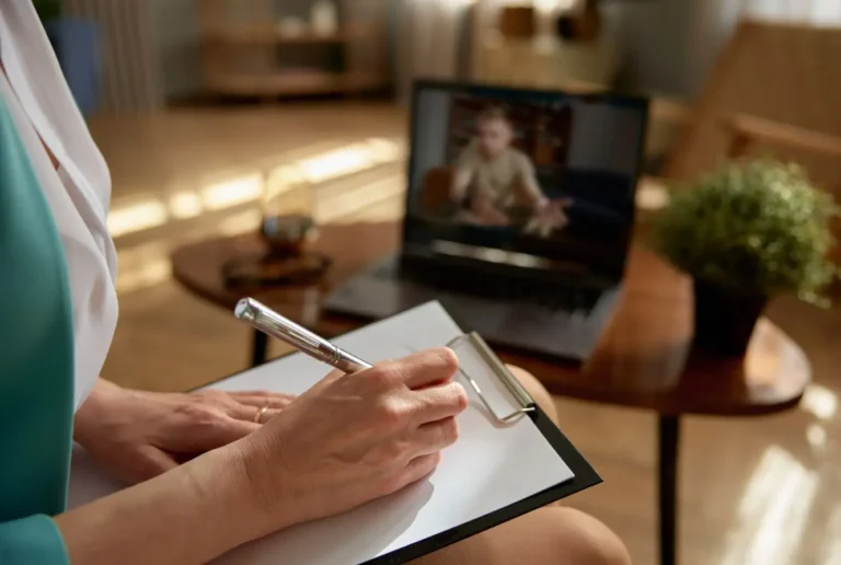 A woman sits at a desk with a laptop, writing notes on a clipboard, focused and engaged in web meeting.